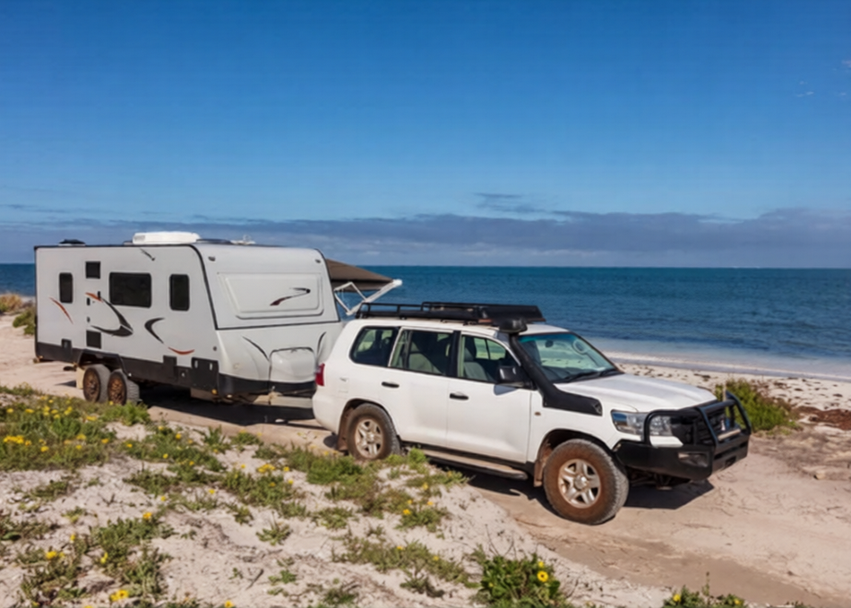 White 4WD towing a full-size caravan parked at an Australian beach with ocean views